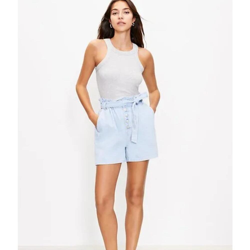 Loft‎ Belted Paperbag Waist Pull-On Soft Denim Shorts Light Blue Size XS - Picture 3 of 8